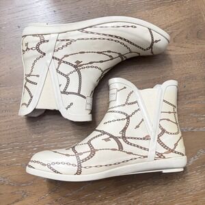 London Fog Piccadilly Rain Boots Womens Size 11 Cream Chain Print Ankle Rubber